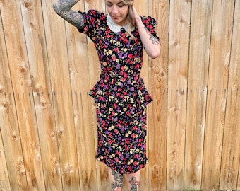 VINTAGE 1980s Black Floral Collared Sweetheart Dress