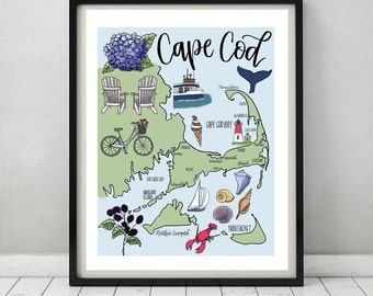 Cape Cod Illustrated Map | Drawings + Calligraphy print | Martha's Vineyard, Nantucket, P-town, Ferry, Lighthouse, Beach | Hand-lettered