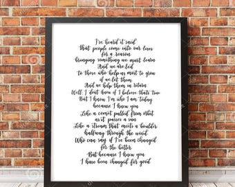 Wicked Song Lyrics, "Because I knew you, I have been changed for good" | Calligraphy, Hand-lettered Printable | Broadway Musical | For Good