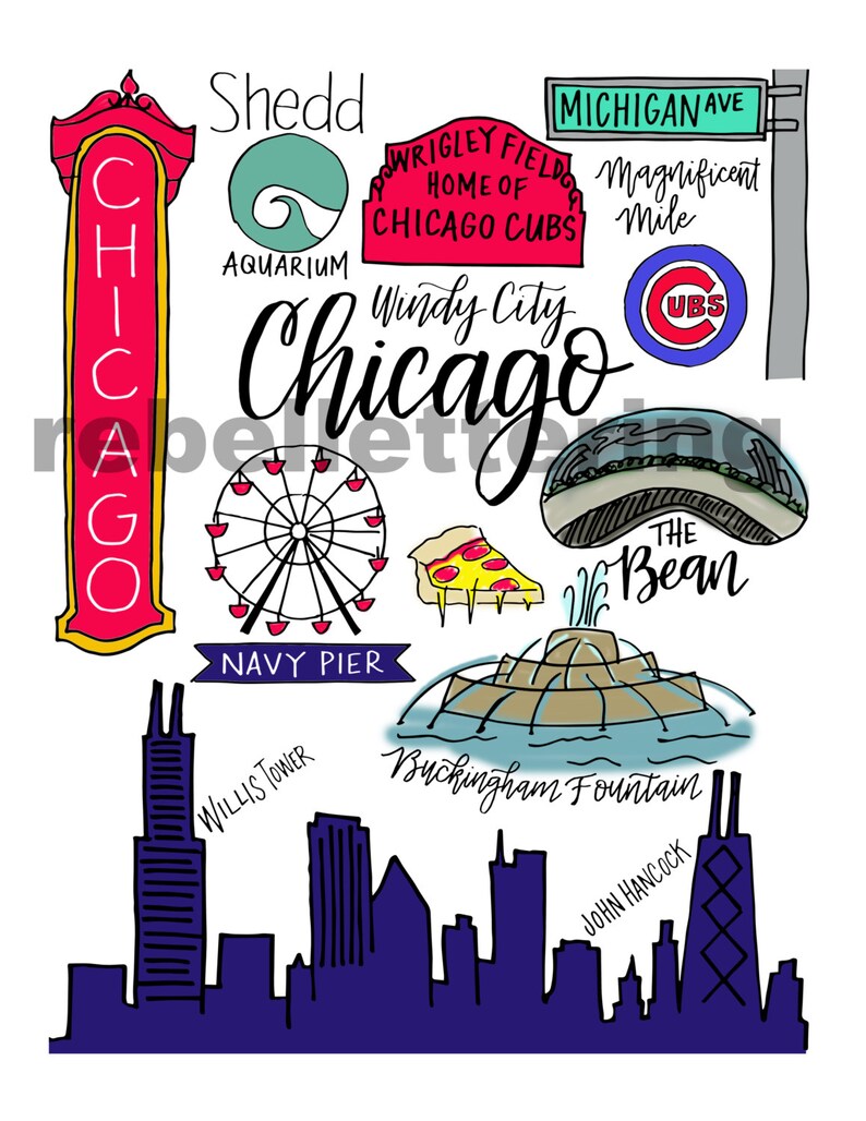 Chicago Drawings and Calligraphy print Cubs Navy Pier The ...