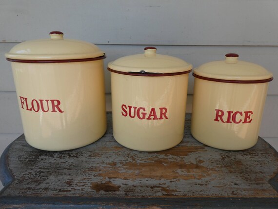 Set 3 Cream Red Kitchen Canisters Etsy