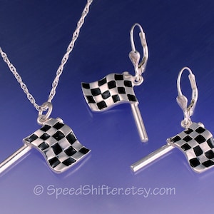 KARIERTE FLAGGE Anhänger Halskette, Ohrringe, oder beides.  Handgefertigt aus massivem Sterling Silber mit Emaille, Nascar, Indy Car, Formel 1