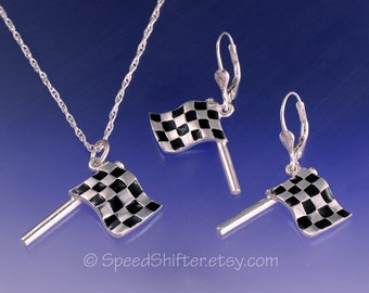 Sterling Silver Checkered Flag Necklace and Earrings, Racing Jewelry