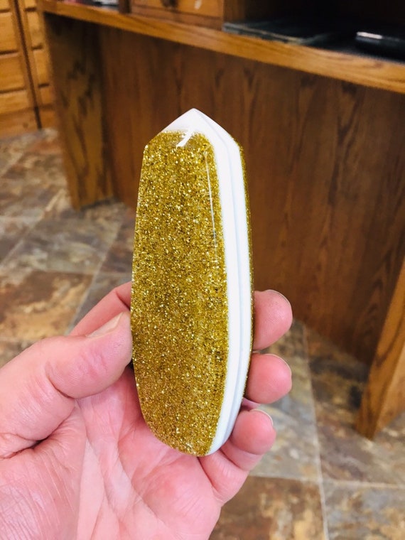 Metal Flake Gold SHIFT KNOB, Universal Fit.  with layers of white and clear.  For your Hot Rod, Rat Rod, Cool Ride, Sports Car, Fast Car