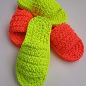 Bunch of Handcrafted Neon Yellow and Neon Orange Color Chunky Crochet Slippers - Cozy Home Footwear