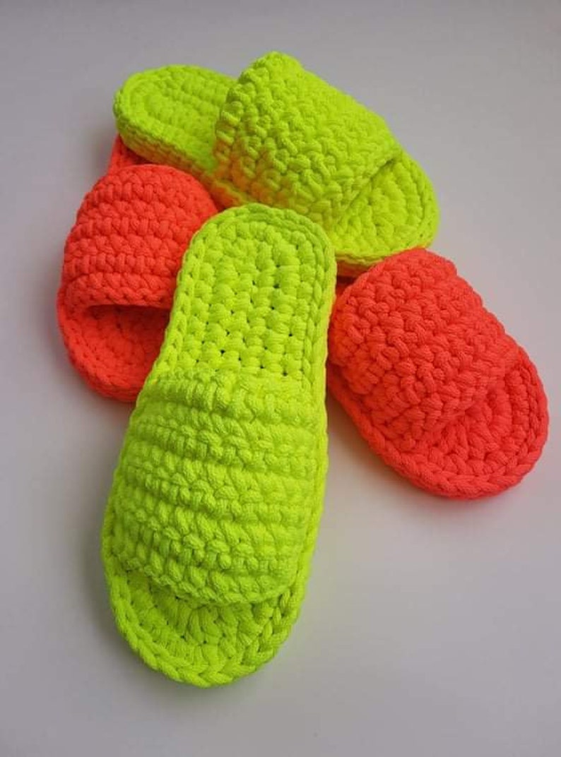 Bunch of Handcrafted Neon Yellow and Neon Orange Color Chunky Crochet Slippers - Cozy Home Footwear