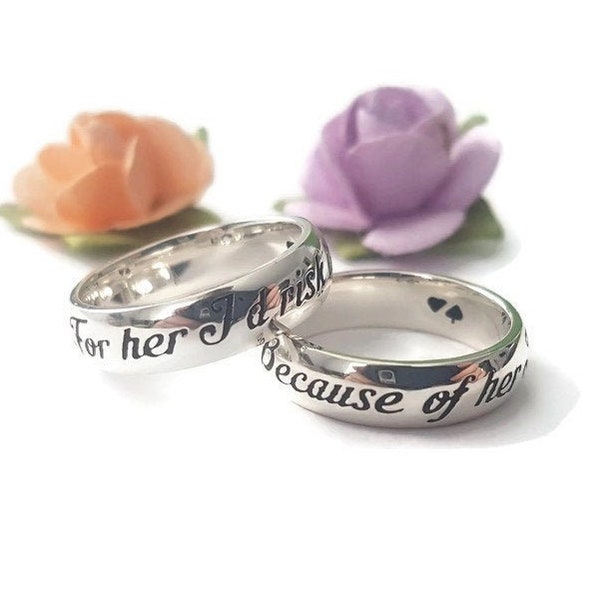 Mother Daughter Quote Ring Because of Her I Will Not Fall For Her I'd Risk it All Sterling Silver Ring Pair Gift for Mom Daughter