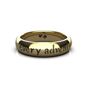 Solid Gold Every Adventure Requires a First Step Alice in Wonderland Quote Ring Handmade in Solid Rose, White, or Yellow Gold