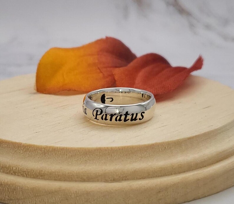 May include: A silver ring with the words "Paratus" and an umbrella symbol engraved on it.