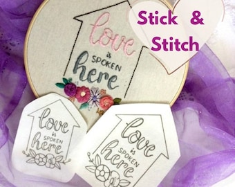 Stick, Stitch and Wash Away, DIY Embroidery Patch - Love is Spoken Here - 2 SIZES, Embroidery Floral Design, Stick n Stitch, DIY Embroidery