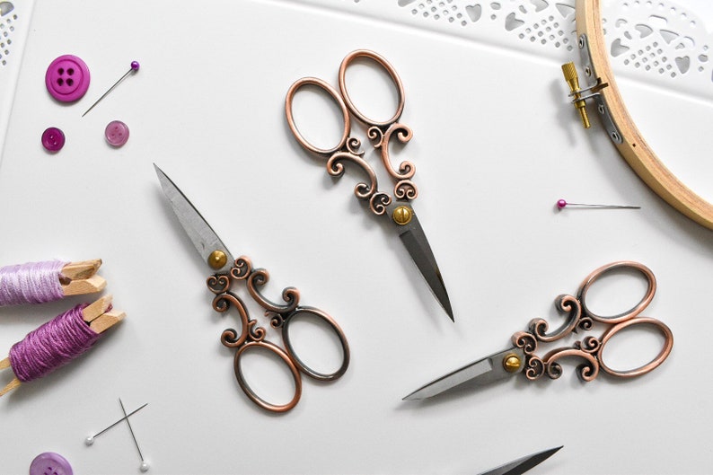 Antique Vintage Design Scissors Aged Bronze. Filigree Embroidery Scissors. Stainless Steel Sewing & Cross Stitch Scissors Bronze Scissors image 10