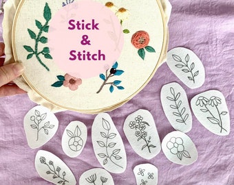 Wildflower Stick and Stitch Embroidery Transfer Patches, Make your own Botanical Flowers Leaves embroidery hoop, DIY Embroidery Patches