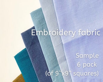 Embroidery fabric - 6 Sample pack, Blue Green Linen fabric for hand embroidery, Cotton linen blend fabric bundle, DIY needlework crafts