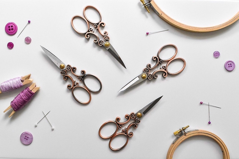 Antique Vintage Design Scissors Aged Bronze. Filigree Embroidery Scissors. Stainless Steel Sewing & Cross Stitch Scissors Bronze Scissors image 1