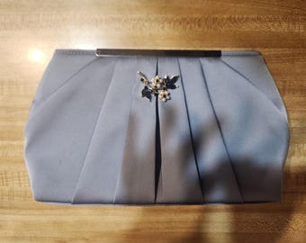 Dusty Blue Formal Clutch Handbag with Removeable Brooch