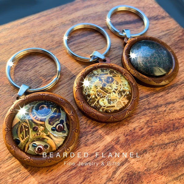 STEAMPUNK KEYCHAIN • wood keychain • gift for men • gears sprocket wheel keychain • steampunk jewelry • mens birthday • keyring • usa