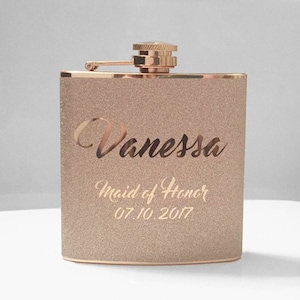 Personalized Glitter Rose Gold or Silver Stainless Steel 6oz Liquor Hip Flask-Handmade Gifts for Maid of Honor Bride Bridesmaids Girls Trip