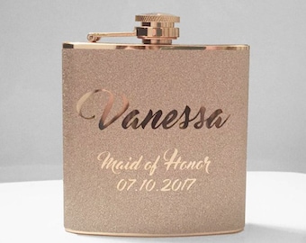 Personalized Glitter Rose Gold or Silver Stainless Steel 6oz Liquor Hip Flask-Handmade Gifts for Maid of Honor Bride Bridesmaids Girls Trip