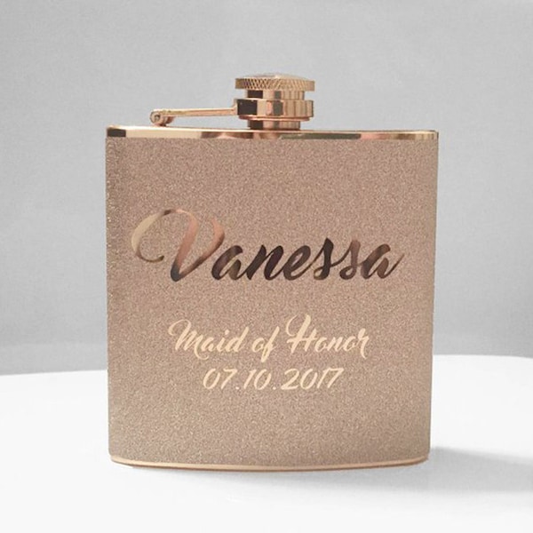 Personalized Glitter Rose Gold or Silver Stainless Steel 6oz Liquor Hip Flask-Handmade Gifts for Maid of Honor Bride Bridesmaids Girls Trip