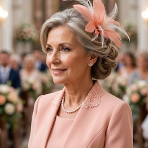 Puede incluir: Una mujer con un traje de vestir color melocotón con un tocado de plumas a juego. El traje presenta un cuello y detalles de encaje. Un collar de perlas y pequeños pendientes completan el elegante conjunto. El fondo sugiere un evento formal.