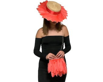 Conjunto de canotier y bolso de plumas- Coral /boda / invitada