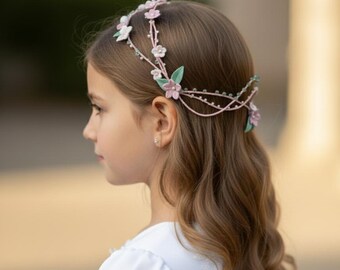 Casquete Comunión de ramas y flores rosas / verdes