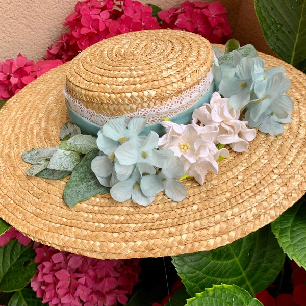 Boater hat with flowers "Verdemar" for wedding, ceremony,...