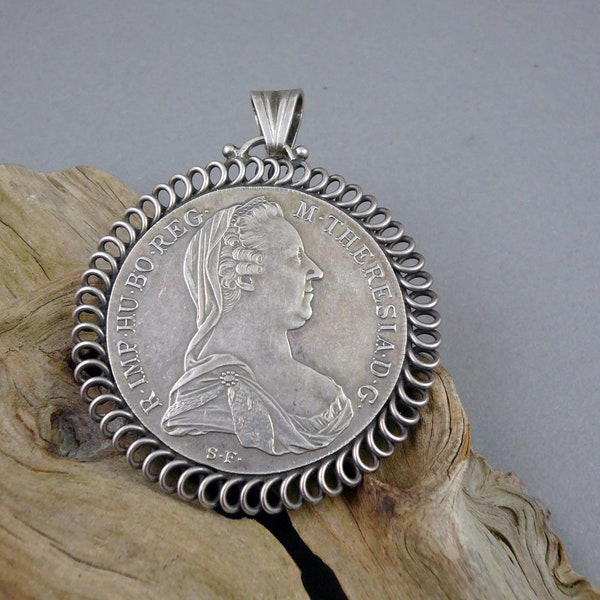 Silver Maria Theresa Thaler Coin Pendant.   Old Silver Coin Pendant.