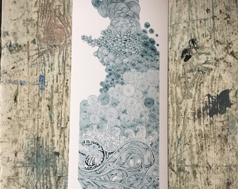 May include: A black and white print of an abstract design with swirling lines and patterns. The design is reminiscent of clouds, waves, and organic shapes.