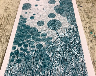 May include: A black and white print of a stylized forest scene with a gradient of dark green circles and lines. The circles are arranged in a pattern that resembles a forest canopy, while the lines create a sense of depth and movement.