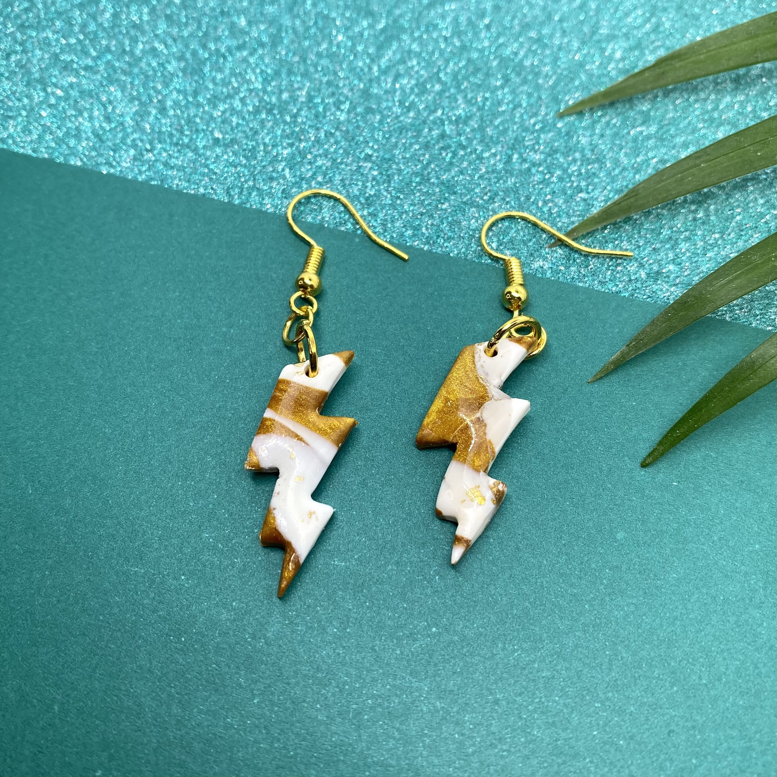 Marbled Polymer Clay Lightning Bolt Earrings Gold White Resin Etsy