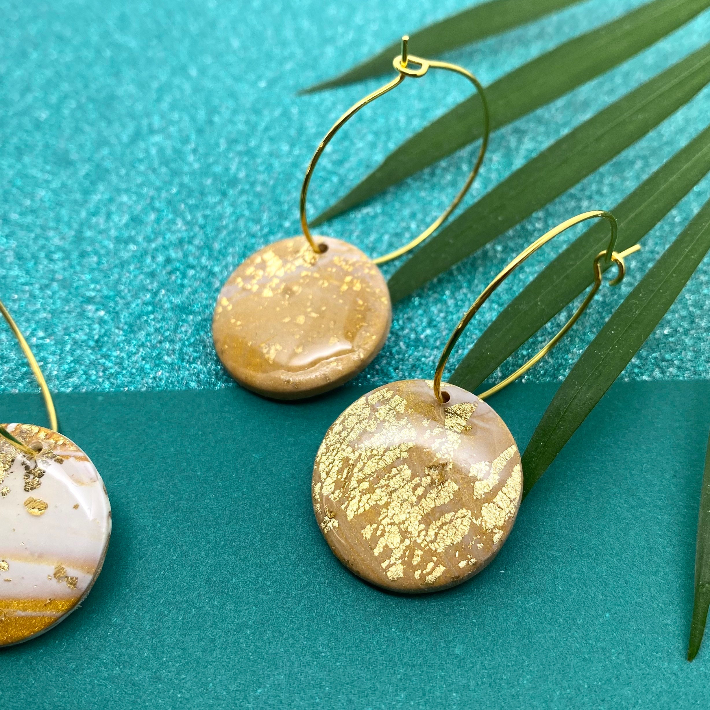 Circle Disc Polymer Clay Charm Hoop Earrings Gold White Etsy