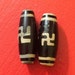 2 Tibetan DZI Beads Etched w Swastika Religious Symbol 35mm long Dark Chocolate Brown and Cream