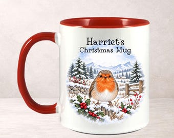 Personalised Christmas Robin Mug, Custom Name Winter Bird Gift