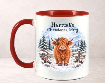 Personalised Christmas Highland Cow Mug, Custom Name Scottish Gift