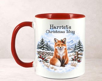 Personalised Christmas Fox Mug, Custom Name Winter Woodland Gift