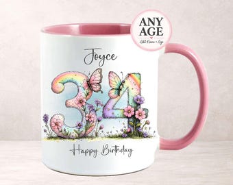 Personalised Any Age Birthday Mug, Butterfly Design, Custom Name Keepsake Gift