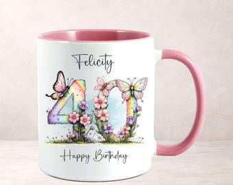 Personalised 40th Birthday Mug for Her, Butterfly Mug, Custom Name Gift