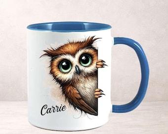 Personalised Owl Mug, Quirky Owl Lover Gift, Custom Name Peeking Cup