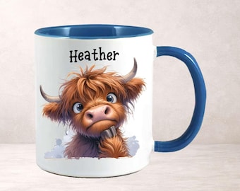 Personalised Highland Cow Mug with Name, Scottish Cow Gift for Her, Custom Animal Lover Cup UK