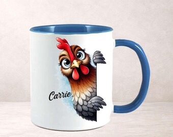 Personalised Chicken Mug, Quirky Hen Lover Gift, Custom Name Peeking Farm Animal Cup