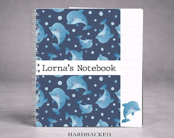 Personalised Dolphin Notebook, Dolphin Gift for her, Custom Name Hardback A5 Journal, Ocean Lover Stationery