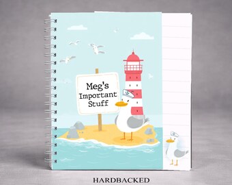 Personalised Seagull Notebook, Seaside Theme Notebook Gift, Custom Name A5 Hardback Journal,
