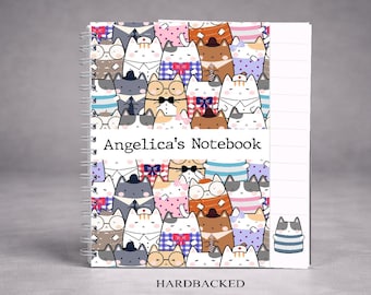 Personalised Cat Notebook, Kawaii Lover Gift, Custom Name Hardback A5 Journal, Notepad Stationery