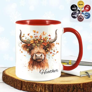 Personalised Autumn Highland cow Mug, custom name cup, 'optional' Coaster