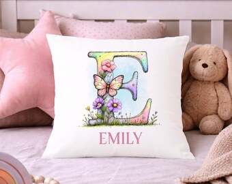Personalised Floral Cushion, Initial Butterfly Gift for Her, Custom Name Nursery or Girls Bedroom