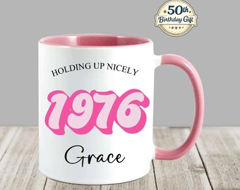 Personalised 50th Birthday Mug for Her, Custom Name 1976 Gift, Retro for Mum or Nanny