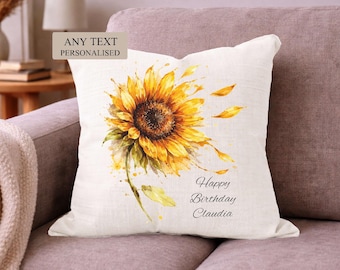 Personalised Sunflower Cushion, Custom Gift for Her, Any Text Floral Home Decor