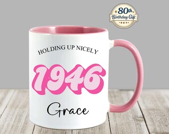 Personalised 80th Birthday Mug for Her, Custom Name 1946 Gift, Retro for Mum or Nanny