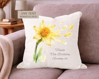 Personalised Daffodil Cushion, Custom Gift for Her, Any Text Floral Home Decor